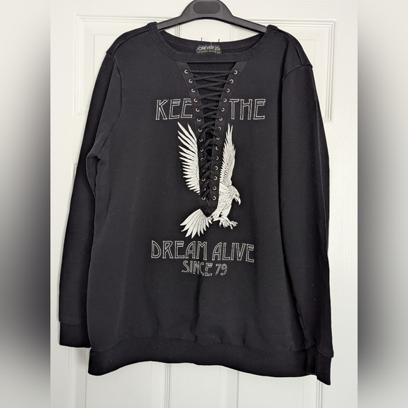 Forever 21+ Black Lace-Up "Keep The Dream Alive Since 79" Sweatshirt - Picture 1 of 8